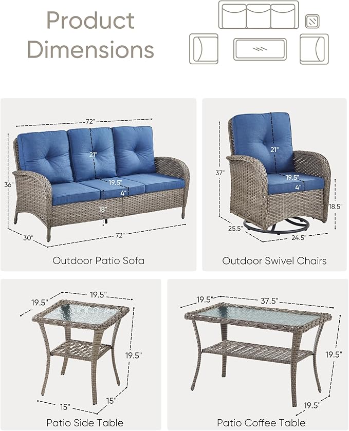 HUMMUH Wicker Patio Furniture Set-All Weather Rattan Patio Sofa Set with Swivel Rocker Chairs Outdoor Conversation Set for Deck Lawn Porch Balcony Poolside-Grey/Blue
