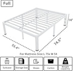 ROIL 14 Inch White Full Size Bed Frame with Rounded Corner and Headboard Hole Mattress Retainers 3500LBS Heavy Duty Steel Slats No Box Spring Needed Platform Noise-Free Easy Assembly