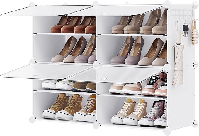 SONGMICS Shoe Rack Organizer, 4-Tier Shoe Storage Cabinet for Closet and Entryway, Holds 16 Pairs of Shoes, Adjustable, Cloud White and Trasparent ULPC032W01