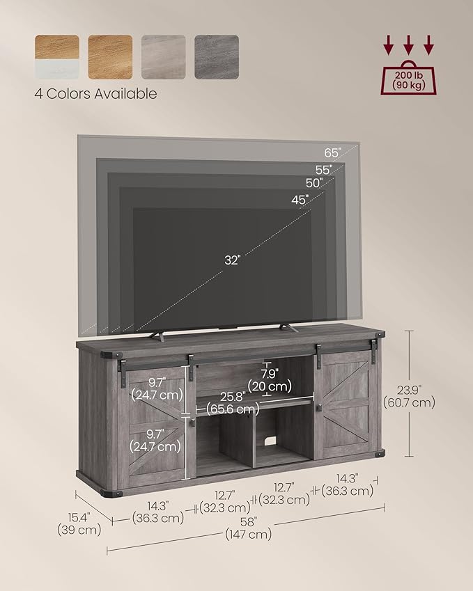 VASAGLE TV Stand for TVs up to 65 Inches, Farmhouse Entertainment Center with Sliding Barn Doors, TV Console Table for Living Room, Misty Gray ULTV324G68