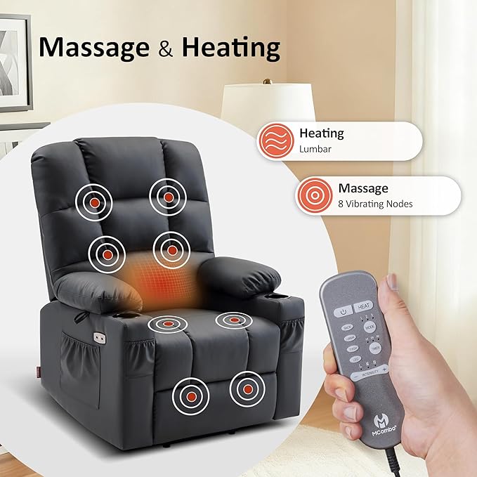 MCombo Large Dual Motor Power Lift Recliner Chair for Elderly, Massage and Heat, Lay Flat, Zero Gravity, Home Button, USB Port, Faux Leather 7680 (Black, Large)
