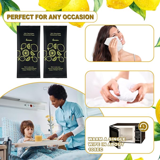 Hot or Cold Moist Cotton Towel Bulk Moist Towelettes Individually Wrapped 8.7" x 8.7",White Towel Services,Refreshment Pre Moistened Towels Lemon Scent for Travel Sport Party Spa Dentist Hote100