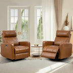 Genuine Leather Power Swivel Recliner Chair, Glider Electric Rocking Chair for Adults. Nursery Rocker Sofa Chair with Adjustable Headrest for Living Room. Wireless Charging/Type-C&USB, Brown