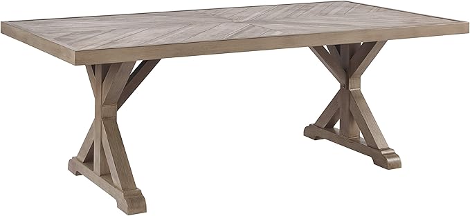 Signature Design by Ashley Beachcroft Modern Farmhouse Outdoor Rectangular Dining Table with Porcelain Table Top, Seats 6 to 8, Umbrella Hole with Cap, Beige