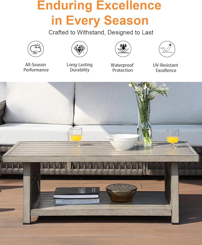 Outdoor Coffee Table, Aluminum Rope Weave Patio Coffee Table, Weatherproof Outside 2-Tier Rectangle Outdoor Patio Furniture for Garden, Pool, Outside, Decks, Gray Oak