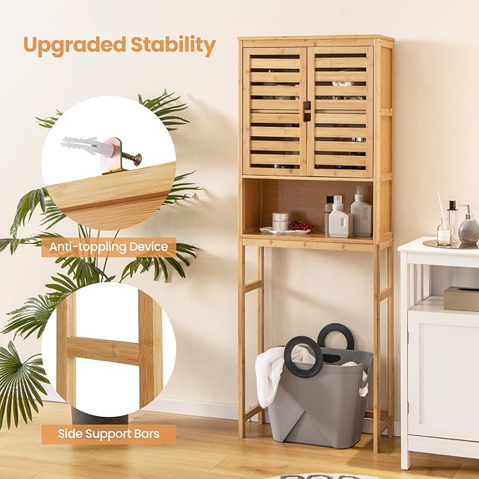 Giantex Over The Toilet Storage Cabinet, 4-Tier Bamboo Bathroom Space Saver with 2 Louver Doors, Open Shelf, Adjustable Bottom Bar, Over Toilet Bathroom Organizer for Laundry, Balcony, Restroom