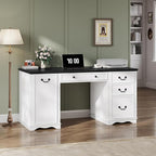 60'' Farmhouse Executive Desk with Drawers, Home Office Desk with Power Outlet & Keyboard Tray, Wood Computer Desk with File Drawer & Slide-Out Storage Shelves, Writing Desk for Work, White