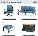 PHI VILLA Patio Furniture Set with FirePit Table, Outdoor Furniture with 1 x 3-Seat Deep Seating Bench, 2 x Swivel Sofa Chairs & 2 Ottomans, 5.75" Cushioned Outdoor Conversation Set for 5, Navy Blue