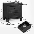 Farmhouse Nightstand with Charging Station, Rustic Low Night Stand with 2 Drawers, Mid-Century Modern End Table with 4 Square Solid Wood Legs, Small Dresser for Bedroom, Home, Black