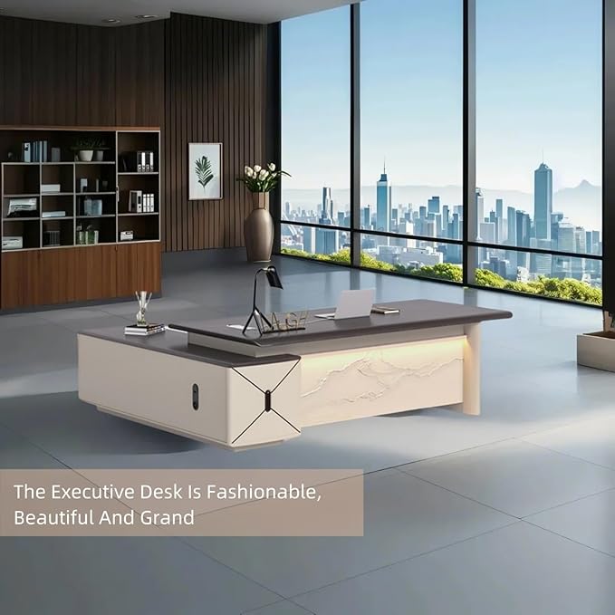 70IN L-Shaped Executive Desk with Drawer Cabinet, Executive Office Desk with LED Strip & Exquisite Handle & Fashionable Pattern Design