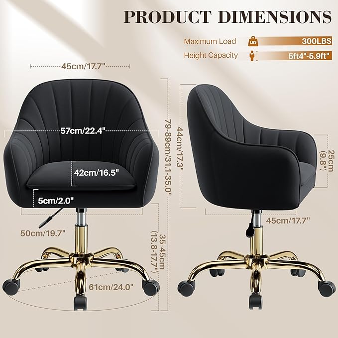 Comfy Home Office Desk Chairs Vanity Chair with Wheels Adjustable Modern Velvet Makeup Vanity Chairs for Bedroom Living Room（Black）
