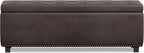 SIMPLIHOME Hamilton 48 inch Wide Transitional Rectangle Storage Ottoman in Distressed Brown Vegan Faux Leather, Assembled, For the Living Room, Entryway and Family Room