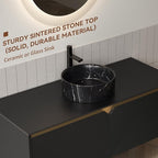 48 Inch Bathroom Vanity with Sink, Floating Fluted Vanity with Vessel Sink, Modern Wall Mounted Bathroom Vanity Cabinet with 2 Doors, Black Vessel Sink & Sintered Stone Top, Black