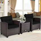 Tangkula 3 Pieces Patio Furniture Set, PE Rattan Wicker 3 Pcs Outdoor Sofa Set w/Washable Cushion and Tempered Glass Tabletop, Conversation Furniture for Garden Poolside Balcony (Black)