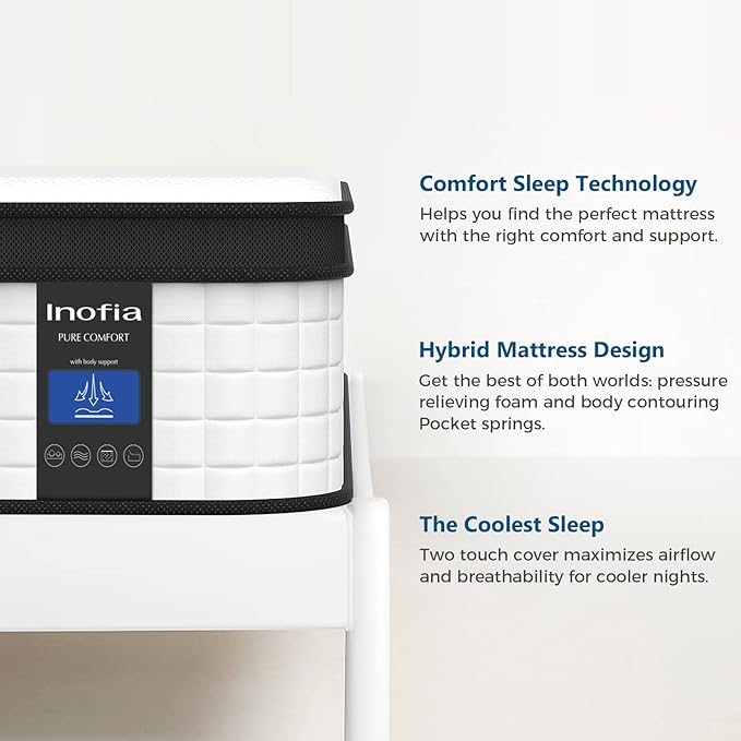 Inofia Twin Mattress, 12 Inch Hybrid Innerspring Single Mattress Cool Bed, Breathable Soft Knitted Fabric Cover, Medium Firmness
