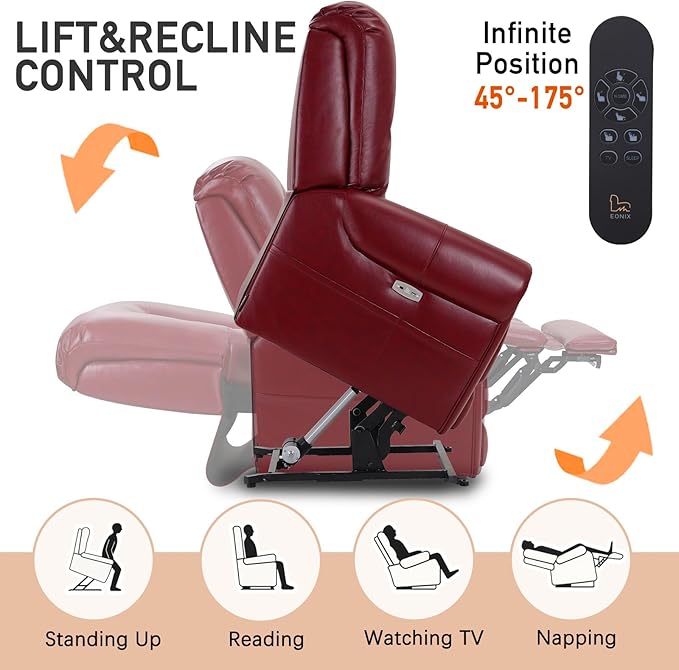EONIX Four Motor Lay Flat Power Lift Recliner Chair for Elderly, 400lbs Electirc Lift Chair for Living Room, Independent Adjustable Lumbar Support & Headrest, Extended Footrest, Burgundy