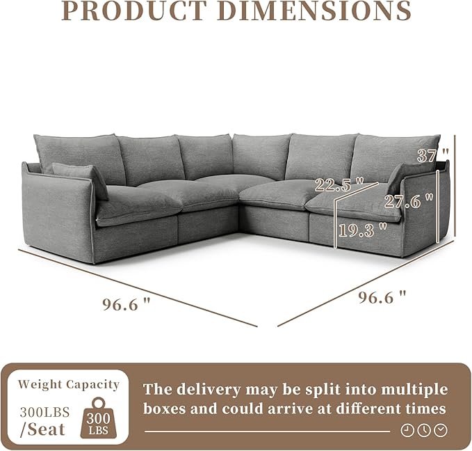 Waterproof Cloud Sectional Sofa for Living Room,High Backrest Down Filled Couch,5 Seater Oversized Modular V-Shaped Couches,Detachable Couch Covers,Dark Grey