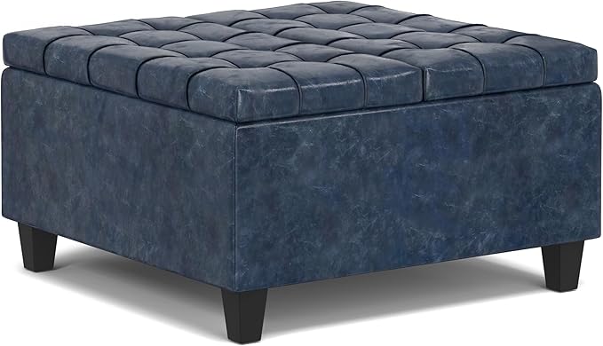 SIMPLIHOME Harrison 30 inch Wide Transitional Square Small Coffee Table Storage Ottoman in Denim Blue Vegan Faux Leather, Assembled, for The Living Room and Bedroom