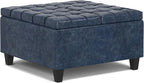 SIMPLIHOME Harrison 30 inch Wide Transitional Square Small Coffee Table Storage Ottoman in Denim Blue Vegan Faux Leather, Assembled, for The Living Room and Bedroom