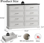 Farmhouse 8 Drawers Dresser for Bedroom, 54" Wide Modern Chest of Drawers with Deep Drawers & Bar Handles, Rustic Wood Dresser TV Stand, Wooden Closet Storage Organizer for Living Room, Hallway, White