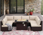 NICESOUL 9 Piece Modern Extra-Large Outdoor Patio Sectionals with Fire Pit Table Natural Gas & Propane, 29.3'' High Back Comfortable Conversations for Outside, Deep Seating Modular Sofa Couches, Tan