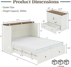 Queen Murphy Bed with 6" Tri-Fold Memory Foam Mattress, Storage Drawer & Charging Station, Space-Saving Design for Home Office or Guest Room, White