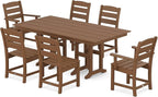 POLYWOOD Lakeside Farmhouse 7-Piece Outdoor Dining Set, Patio Furniture Table and Chairs, HDPE, Seats 6, Teak, Made in USA