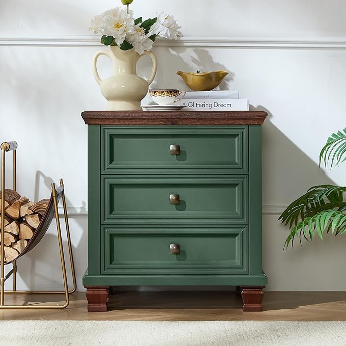 Farmhouse Nightstand Set of 2, Rustic Accent End Table with 3 Drawers & 4 Square Solid Wood Legs, Vintage Bed Side Table with Storage, Small Dresser for Bedroom, Living Room, Green