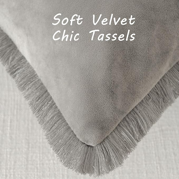 FUTEI Grey Velvet Decorative Throw Pillow Covers 18x18 Set of 2,Soft Cozy Edge with Tassels Cushion Case,Boho Modern Home Decor for Couch Bed Living Room