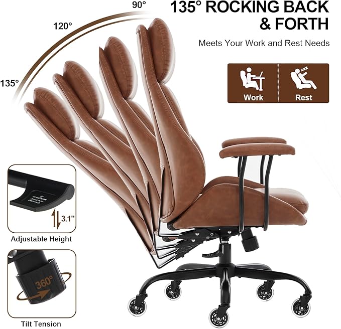 Home Office Desk Chair, PU Casters Ergonomic Computer Chair with Lumbar Support, Adjustable Height, 360°Rolling Swivel Chair, High Back Executive Task, Padded Armrests Chair, Brown Leather