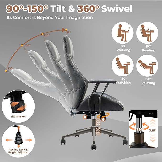 ovios Home Office Ergonomic Chair, Mid-Century Modern Luxury Faux Suede Leather Chairs, Comfy High Back Computer Swivel Rolling Task Armchair for Executive, Grey