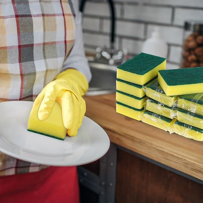 100 Pcs Individually Wrapped Sponges, Uncompressed Non Scratch Scrouing Sponges for Household Cleaning Dishes Kitchen Airbnb Apartment Car Bike Green