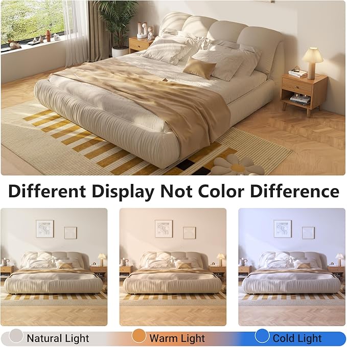 King Size Upholstered Platform Bed with Oversized Padded Backrest and Solid Wood Frame for Bedroom, Apartment Room, Beige