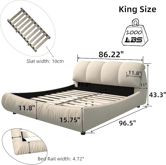 King Size Upholstered Platform Bed with Oversized Padded Backrest and Solid Wood Frame for Bedroom, Apartment Room, Beige