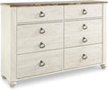 Signature Design by Ashley Willowton Coastal Cottage 6 Drawer Dresser with Faux Plank Top, Whitewash