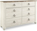 Signature Design by Ashley Willowton Coastal Cottage 6 Drawer Dresser with Faux Plank Top, Whitewash