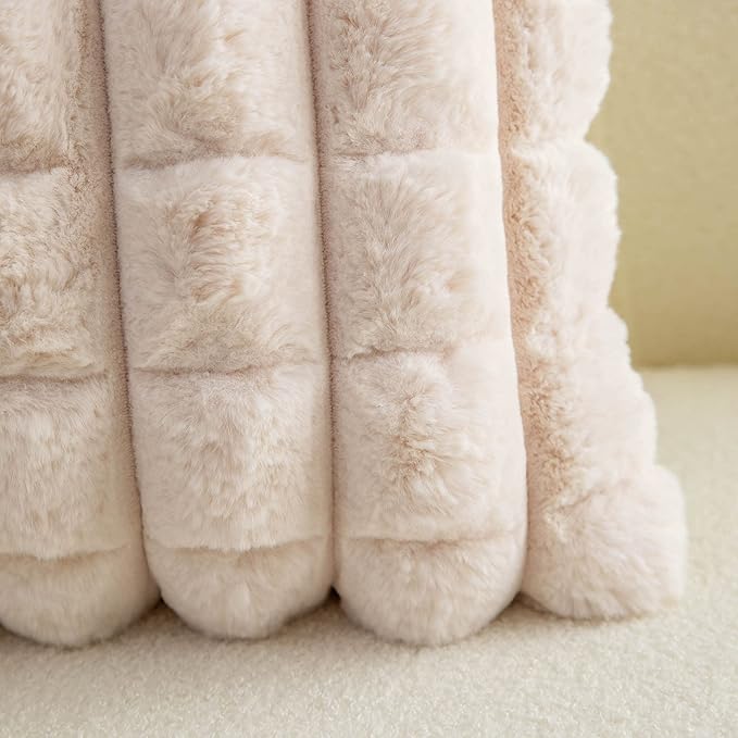 Neelvin Beige Faux Fur Cozy Soft Plaid Decorative Throw Pillow Covers 26x26 inch Set of 2,Velvet Pillowcase Cushion Case for Sofa Couch