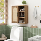 RUSTOWN Boho Rattan Wall Cabinet, Midcentury Bathroom Cabinet with Sliding Door, Adjustable Shelves, Over The Toilet Storage Cabinet (Rustic Oak)