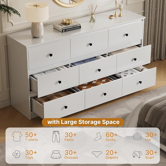 9 Drawer Dresser for Bedroom, 59" Wide White Chest of Drawers, Wooden Dresser with 9 Drawers with Ample Storage, Modern Storage Organizer for Hallway,Nursery