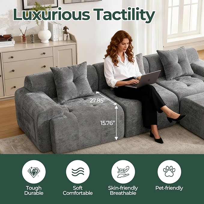 129.23”Modular Sectional Couch for Living Room, Modren L-Shape Cloud Sectional 4-Seater Sofa with 2 Movable Ottomans, Woven Texture Upholstery Boneless Couch, No Assembly, Grey