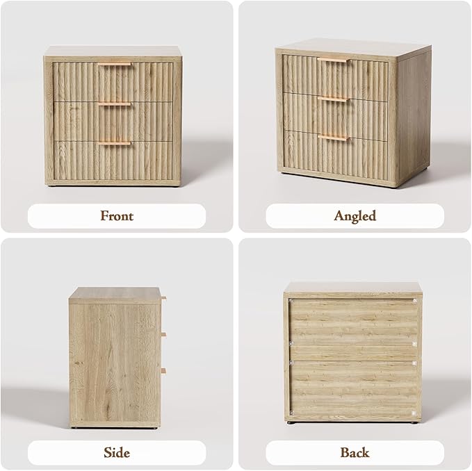 Night Stand with 3 Drawers, 23" Wide Modern Nightstand with Large Storage, Fluted Bed Side Table with Metal Handle, End Table Tall Nightstand for Bedroom, Living Room, Office, Nature