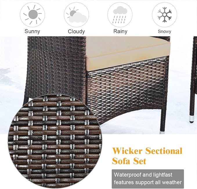 COSTWAY 4PCS Rattan Patio Furniture Set, Outdoor Wicker Rattan Chairs with Coffee Table, Rattan Cushioned Conversation Set for Backyard Balcony Porch Poolside, Brown
