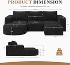 Boneless Couches for Living Room 104",Modular Sectional Sofa with Ottoman,Cloud Couch in a Box,Sponge Compression U Shaped Sofas with Chaise No Assembly Required(Black-Corduroy Fabric) 1pcs