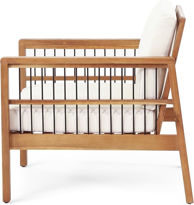 Christopher Knight Home Elias Outdoor Acacia Wood and Iron Club Chair with Cushions, Teak, Black, Beige