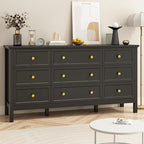 Black 9 Drawers Dresser for Bedroom, 59'' Large Wood Dresser with Gold Handles, Modern Wide Chest of Storage Drawers for Hallway, Living Room