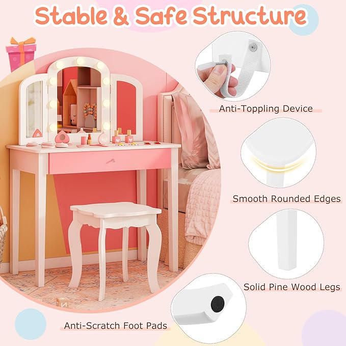 Costzon Kids Vanity, Girls Vanity Set with Mirror and Stool and Lights, Storage Drawer, Princess Toddler Makeup Vanity Desk Dressing Table, Wooden Kids Vanity Table and Chair Set (White)