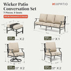 Patio Furniture Set 7 pcs, Outdoor Patio Furniture, 3-Seat Sofa, 2 Single Chairs, 2 Swivel Chairs, 2 Ottomans and 5.75" Extra Thick Cushion, Patio Conversation Set for Backyard Deck,Beige