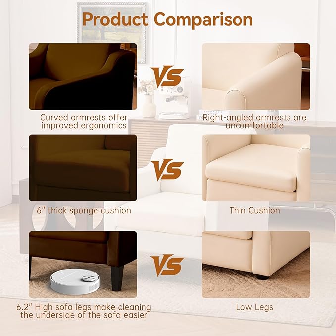 Accent Chair for Living Room, Modern Velvet Living Room Chairs with Wide Backrest, Upholstered Comfy Chair with Cushion, Oversized Sofa Chairs with Wood Legs, Single Armchairs, Brown