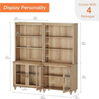 WAMPAT 5 Tier Bookshelf 72" Tall Bookcase with Glass Doors,Large Farmhouse Display Book Shelf with Adjustable Shelves and Storage Cabinet，Library Wood Bookshelves for Living Room,Kitchen, Oak(2PCS)