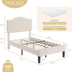 VECELO Twin Bed Frame Upholstered Platform Bed Frame with Height Adjustable Teddy Fabric Headboard, Strong Wood Slats Supports 7.9'' Under Bed Space Noise Free No Box Spring Needed, Beige